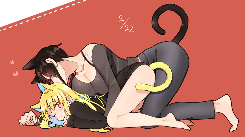 2girls all_fours animal_ears bangs bare_legs barefoot between_legs black_pants blonde_hair blush bottomless breasts brown_hair cat_ears cat_tail cleavage dated extra_ears from_side full_body heart holding kiss large_breasts long_hair multiple_girls nakano_futaba one_eye_closed original pants pullover red_background shiny shiny_skin short_hair simple_background sleeves_past_wrists tail wince yuri