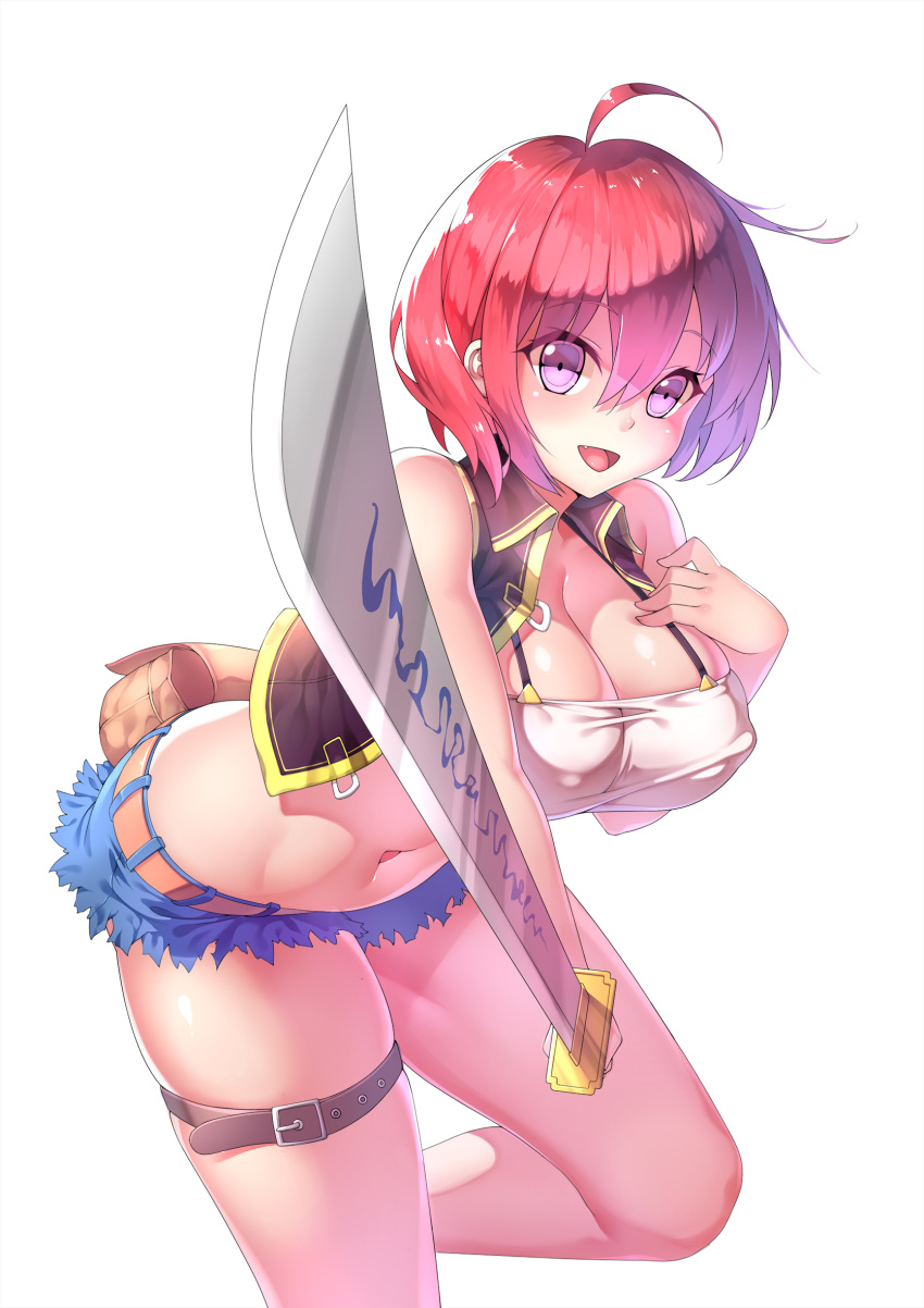 1girl ahoge breasts denim denim_shorts erect_nipples fang guohua highres large_breasts looking_at_viewer open_mouth red_eyes redhead shorts smile solo sword weapon