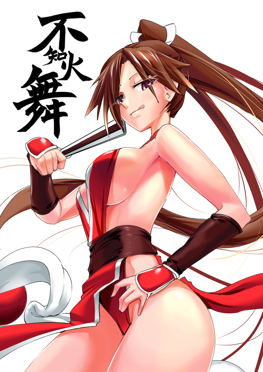 breasts brown_hair cleavage closed_fan fan fatal_fury folding_fan highres japanese_clothes kod0415 large_breasts ninja pelvic_curtain ponytail revealing_clothes shiranui_mai sideboob the_king_of_fighters the_king_of_fighters_xiv