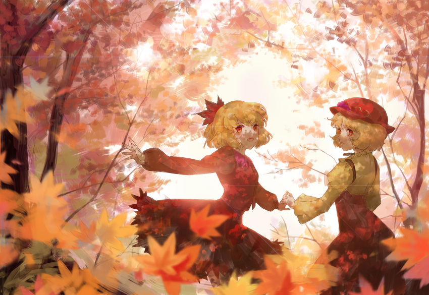 2girls aki_minoriko aki_shizuha ankh_order autumn_leaves blonde_hair dappled_sunlight food fruit grapes hair_ornament hand_holding hat highres leaf leaf_hair_ornament leaf_on_head long_sleeves looking_at_viewer maple_leaf mob_cap multiple_girls open_mouth red_eyes red_hat red_skirt red_vest short_hair siblings sisters skirt skirt_set sunlight touhou tree tree_shade vest