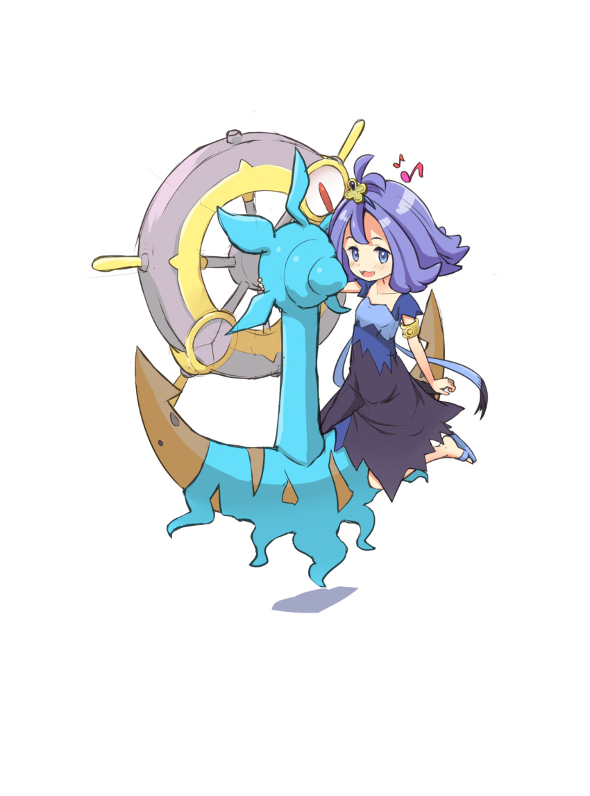 1girl :3 :d acerola_(pokemon) anchor armlet between_legs dhelmise dress elite_four flat_chest hair_ornament half_updo highres musical_note open_mouth pokemon pokemon_(creature) pokemon_(game) pokemon_sm purple_hair sandals short_hair simple_background smile solo stitches tenjou_ryuka torn_clothes torn_dress white_background