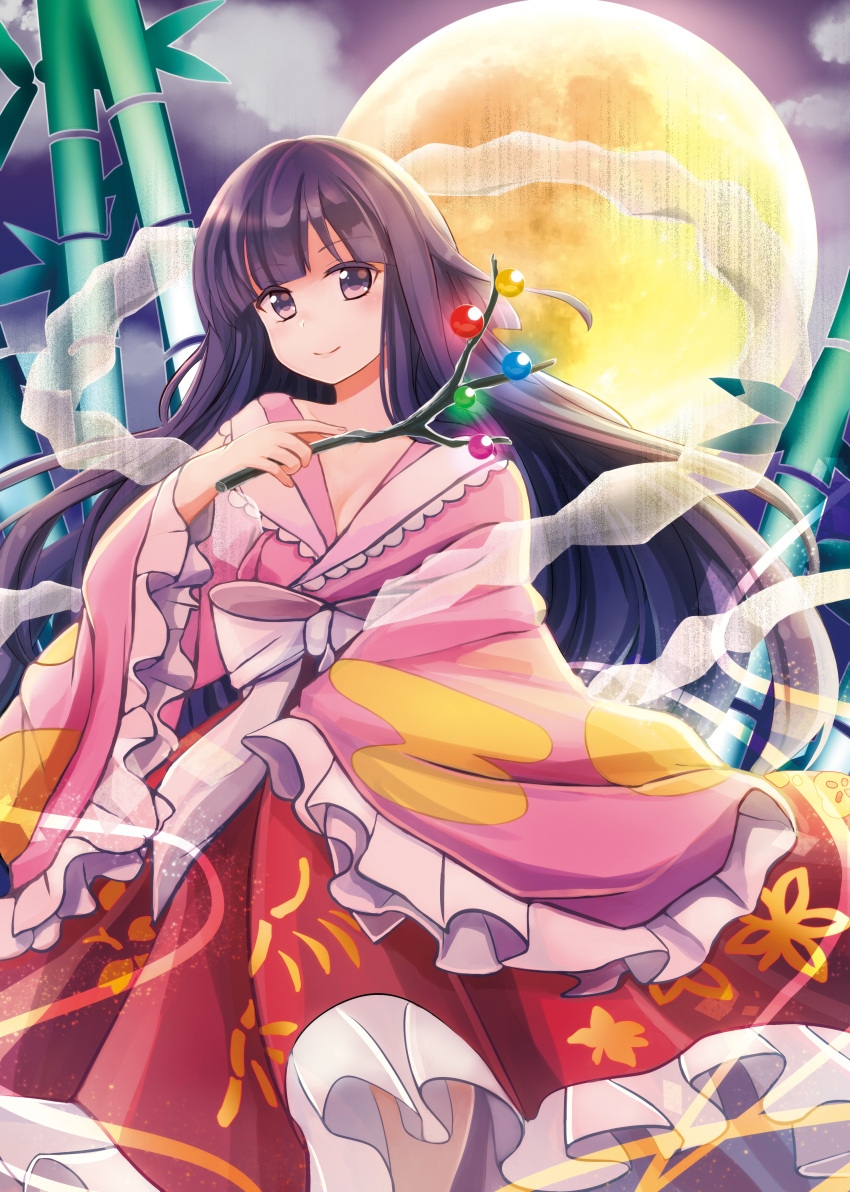1girl absurdres bamboo black_eyes black_hair branch clouds dress erihiro frilled_dress frilled_sleeves frills full_moon highres houraisan_kaguya japanese_clothes jeweled_branch_of_hourai kimono long_hair long_sleeves looking_at_viewer moon night night_sky sash sky smile solo touhou very_long_hair white_sash wide_sleeves