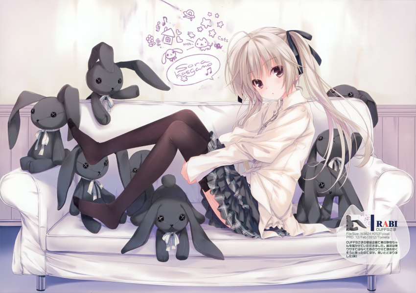 1girl :o ahoge alternate_legwear black_legwear black_ribbon blush brown_eyes cat character_name collared_shirt couch cross cross_necklace english frilled_skirt frills from_side full_body hair_ribbon head_tilt highres huge_ahoge jewelry kasugano_sora leg_hug long_hair long_legs looking_at_viewer musical_note necklace no_shoes ohara_tometa parted_lips plaid plaid_skirt pleated_skirt qp:flapper ribbon scan shirt silver_hair sitting skirt sleeves_past_wrists solo speech_bubble stuffed_animal stuffed_bunny stuffed_toy thigh-highs wainscoting white_shirt wing_collar yosuga_no_sora