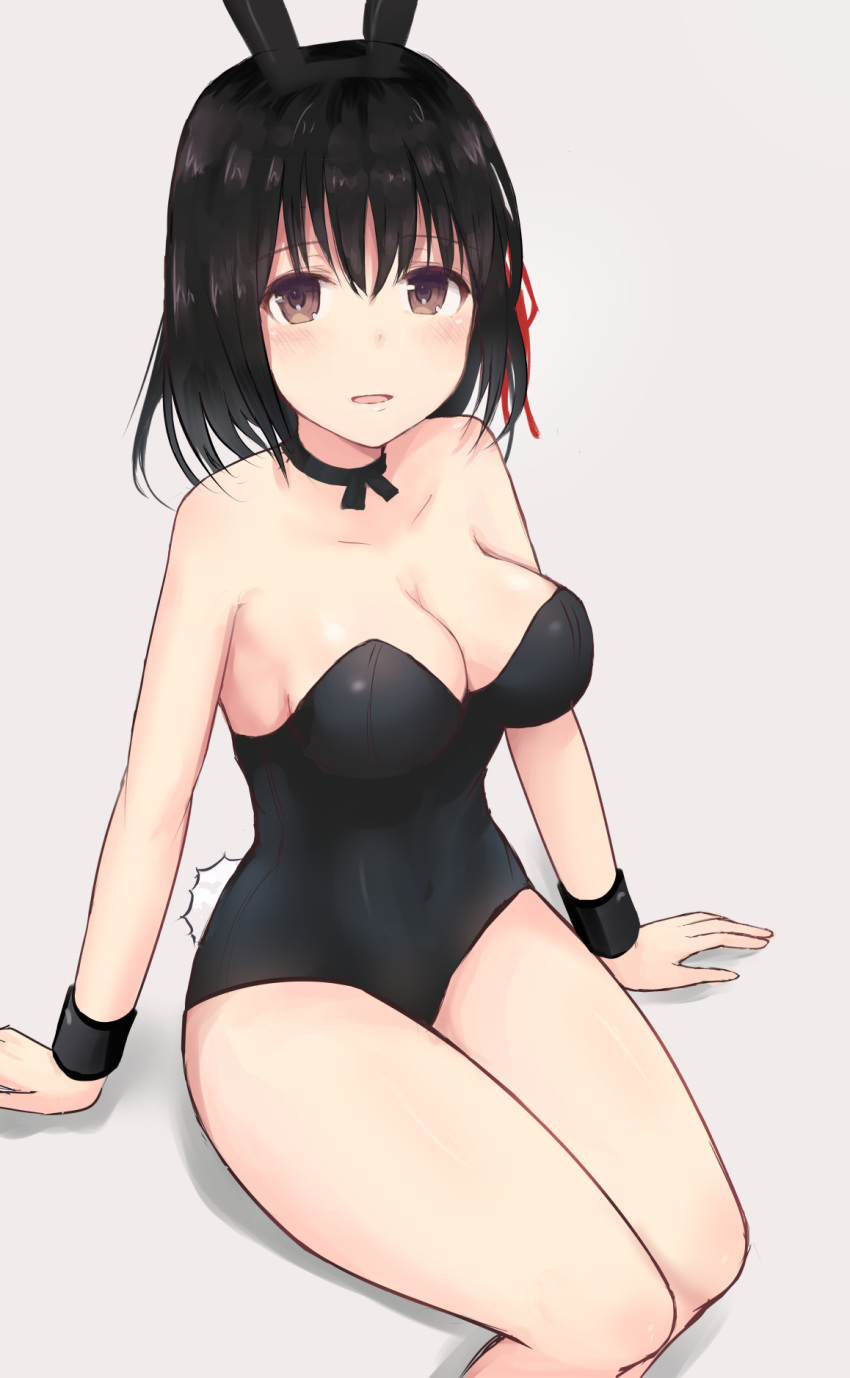 1girl animal_ears black_hair blush bob_cut breasts brown_eyes bunny_girl bunnysuit cleavage collar collarbone commentary eyebrows eyebrows_visible_through_hair grey_background haguro_(kantai_collection) hair_between_eyes hair_ribbon highres kantai_collection kinryuu large_breasts legs_together looking_at_viewer open_mouth rabbit_ears red_ribbon ribbon shadow short_hair simple_background sitting smile solo thighs