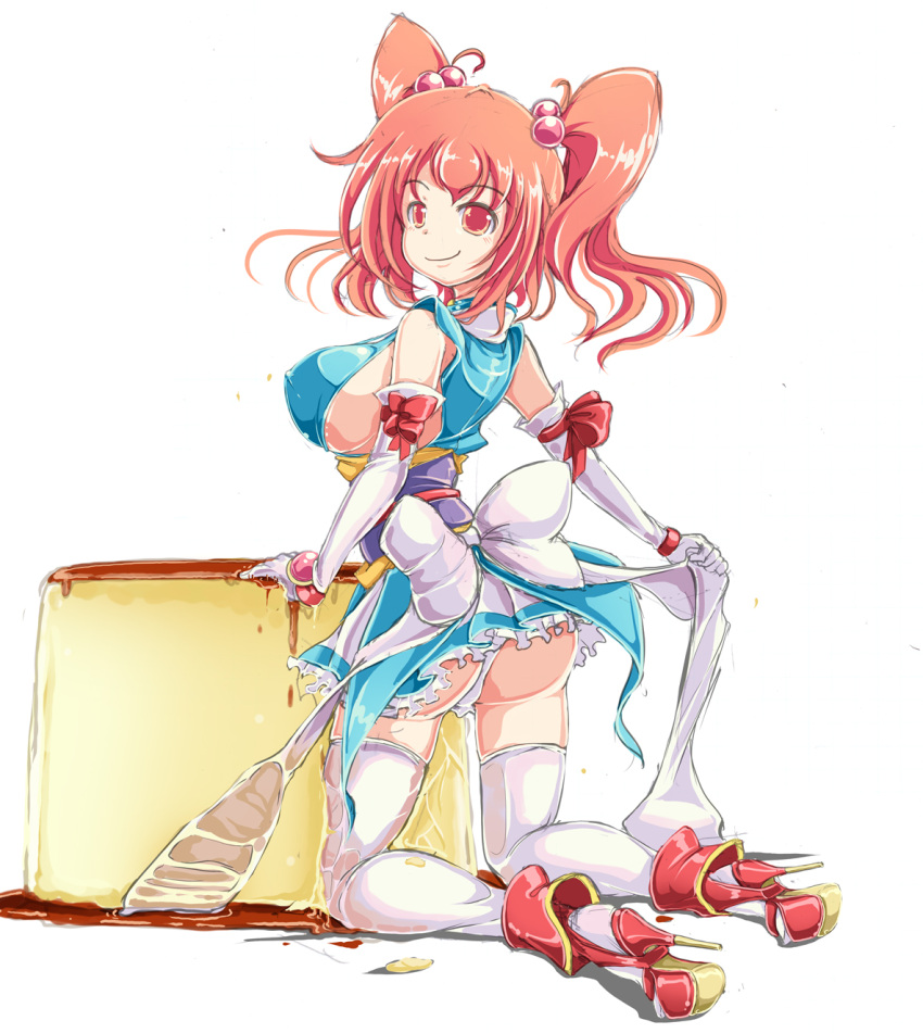 1girl adapted_costume bare_shoulders blush breasts closed_mouth death_angel_komachi elbow_gloves erect_nipples food from_side full_body gloves hair_bobbles hair_ornament high_heels highres kneeling large_breasts looking_at_viewer looking_to_the_side obi onozuka_komachi original panties pantyshot pantyshot_(kneeling) pudding red_eyes redhead sash sideboob smile solo thigh-highs touhou twintails underwear white_gloves white_legwear white_panties