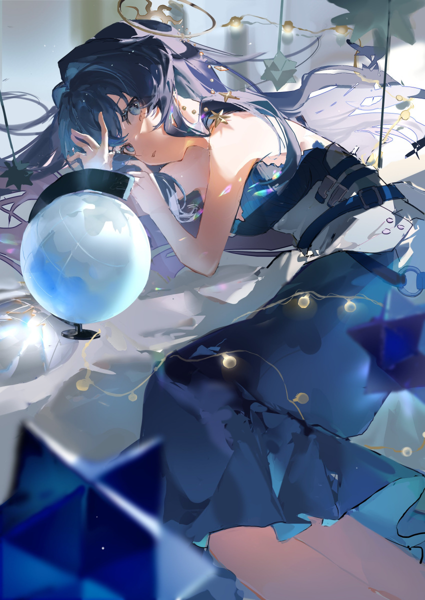 1girl 9degree absurdres arknights astesia_(arknights) bare_shoulders blue_dress blue_eyes blue_hair blurry blurry_foreground breasts commentary dress earrings expressionless eyebrows_visible_through_hair eyelashes feet_out_of_frame globe hair_intakes hair_ornament highres jewelry light_bulb long_hair looking_at_viewer lying medium_breasts o-ring off-shoulder_dress off_shoulder on_side parted_lips sleeveless sleeveless_dress solo star_(symbol) strap strapless strapless_dress symbol-only_commentary