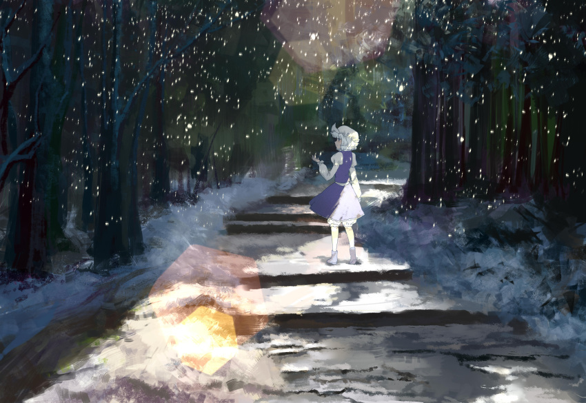 1girl ankh_order background bare_tree bloomers blue_eyes boots forest from_behind hat highres lavender_hair letty_whiterock long_sleeves looking_away mob_cap nature puffy_long_sleeves puffy_sleeves purple_boots purple_skirt purple_vest scenery short_hair skirt skirt_set snowing solo stairs standing stone_walkway touhou tree underwear vest white_hat yuki_onna