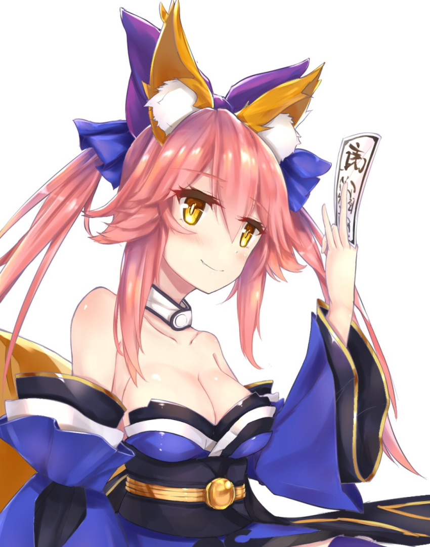 1girl animal_ears bow breasts cleavage collarbone detached_sleeves fate/extra fate/grand_order fate_(series) fox_ears fox_tail hair_bow hair_ribbon highres hohaku japanese_clothes large_breasts looking_at_viewer pink_hair ribbon simple_background solo tail tamamo_(fate)_(all) tamamo_no_mae_(fate) white_background yellow_eyes
