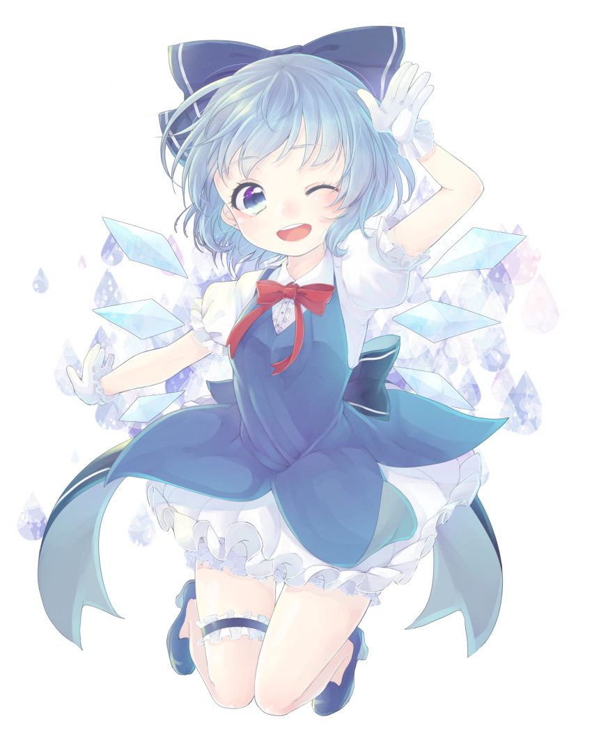 1girl ;d absurdres bangs bloomers blue_bow blue_dress blue_eyes blue_hair blue_shoes blush bow bowtie cirno dress earrings eyebrows eyebrows_visible_through_hair frilled_gloves frilled_skirt frilled_sleeves frills gloves hair_bow high_heels highres ice ice_wings jewelry knees_together_feet_apart leg_garter looking_at_viewer mei_(mei19132) midair one_eye_closed open_mouth puffy_short_sleeves puffy_sleeves red_bow red_bowtie salute shoes short_hair short_sleeves simple_background skirt smile solo sparkle stud_earrings teeth thigh_gap touhou underwear white_background white_gloves wings