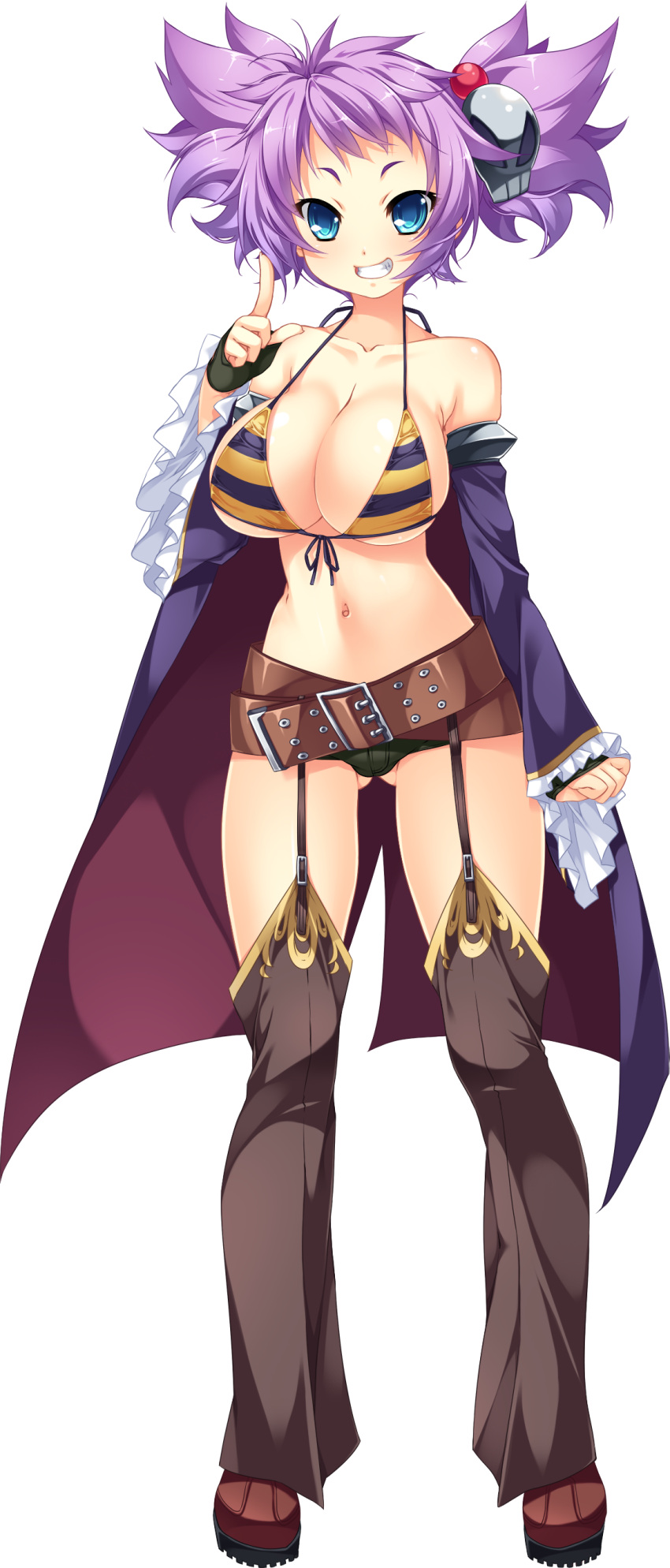 1girl absurdres artist_request bare_shoulders belt bikini_top blue_eyes breasts cleavage detached_sleeves full_body gloves grin hair_ornament highres koihime_musou large_breasts looking_at_viewer purple_hair riten shorts skull_hair_ornament smile solo standing thigh-highs transparent_background