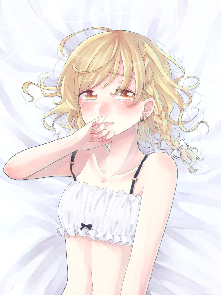ahoge bandeau bare_shoulders bed_sheet black_bow blonde_hair blush bow braid breasts collarbone earrings eyebrows eyebrows_visible_through_hair eyelashes fingernails hair_bow hair_ribbon hand_to_head hand_to_own_mouth highres jewelry kirisame_marisa long_fingernails lying mei_(mei19132) nail_polish on_back on_bed pink_lips pink_nails ribbon side_braid single_braid small_breasts sobbing spaghetti_strap star star_earrings tears teeth touhou tress_ribbon upper_body white_ribbon yellow_eyes