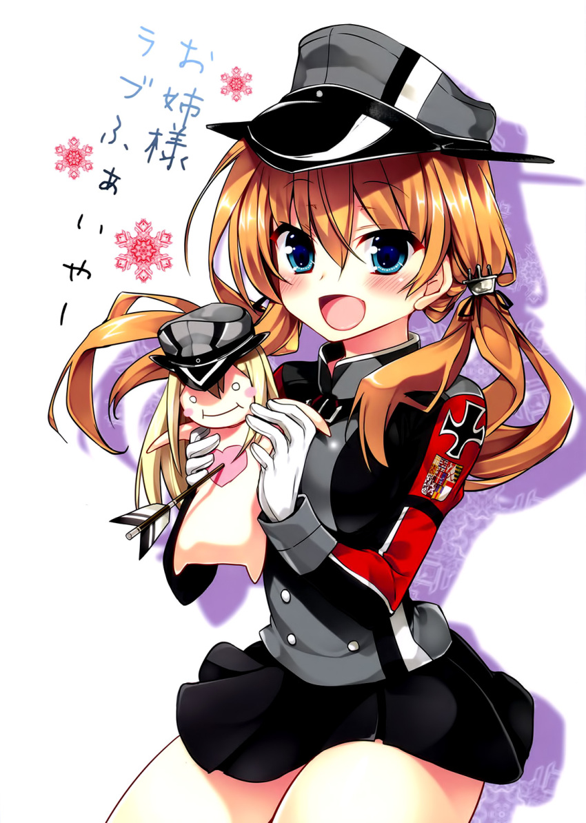 1girl arrow bismarck_(kantai_collection) black_ribbon black_skirt blue_eyes eyebrows eyebrows_visible_through_hair gloves hair_between_eyes hair_ornament hair_ribbon hat heart highres holding kantai_collection long_hair military military_hat military_uniform open_mouth orange_hair pleated_skirt prinz_eugen_(kantai_collection) ribbon simple_background skirt solo twintails uniform white_background white_gloves