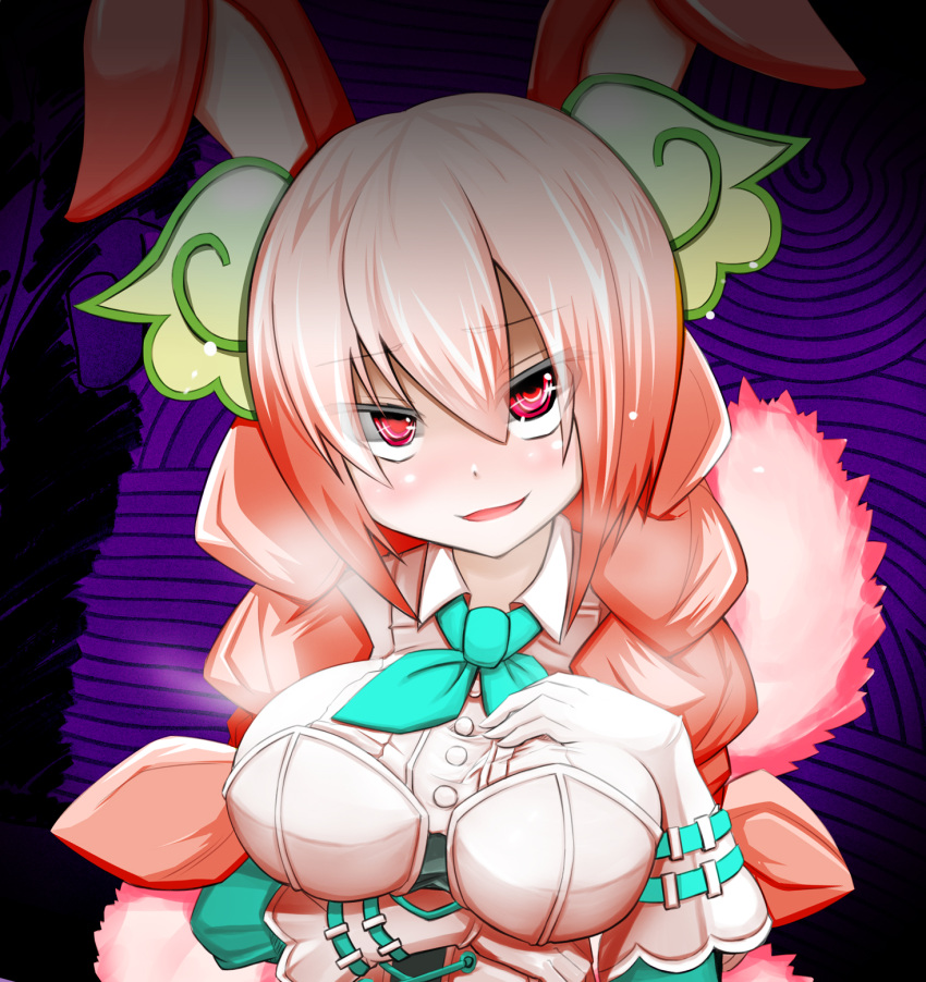 1girl animal_ears breast_hold breasts bunny_girl bunny_tail duel_monster fur_coat fur_trim hand_on_own_chest highres medium_breasts open_mouth pink_hair rabbit_ears red_eyes solo spirit-edge tail yu-gi-oh! yuu-gi-ou_duel_monsters zoodiac_rabbina