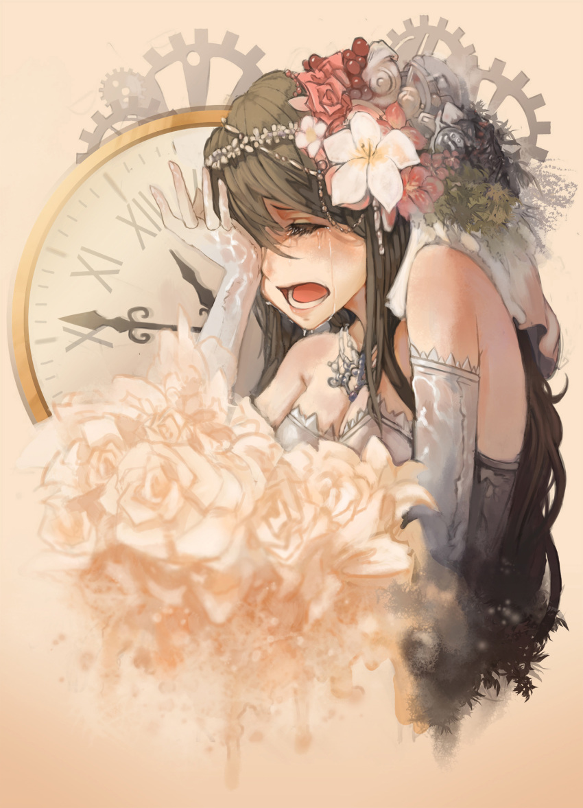 1girl bangs bare_shoulders bouquet breasts bridal_veil bride cleavage clock commentary crying dress elbow_gloves eyelashes flower gears gloves hair_between_eyes hair_flower hair_ornament hand_on_own_face hand_up highres jewelry kuroduki_(pieat) long_hair medium_breasts necklace open_mouth original rose sad solo strapless strapless_dress tears teeth upper_body veil wedding_dress white_dress white_gloves white_rose