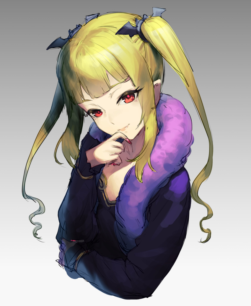1girl bangs blonde_hair blunt_bangs cozy highres long_hair looking_at_viewer nail_polish original red_eyes red_nails smile solo twintails