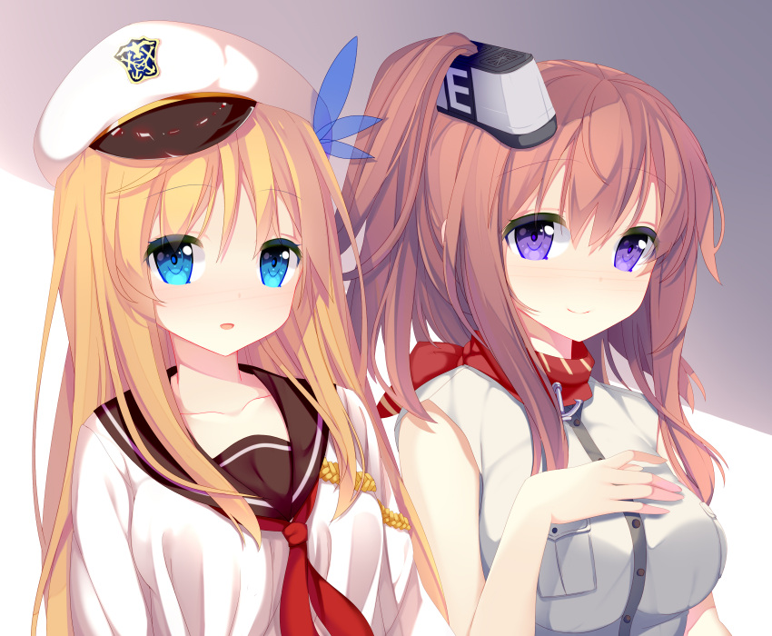 2girls absurdres anchor ascot beret blonde_hair breast_pockets breasts brown_hair dress hat highres jyt kantai_collection large_breasts long_hair medium_breasts multiple_girls namesake neckerchief ponytail red_neckerchief sailor_dress saratoga_(kantai_collection) saratoga_(zhan_jian_shao_nyu) side_ponytail white_dress zhan_jian_shao_nyu