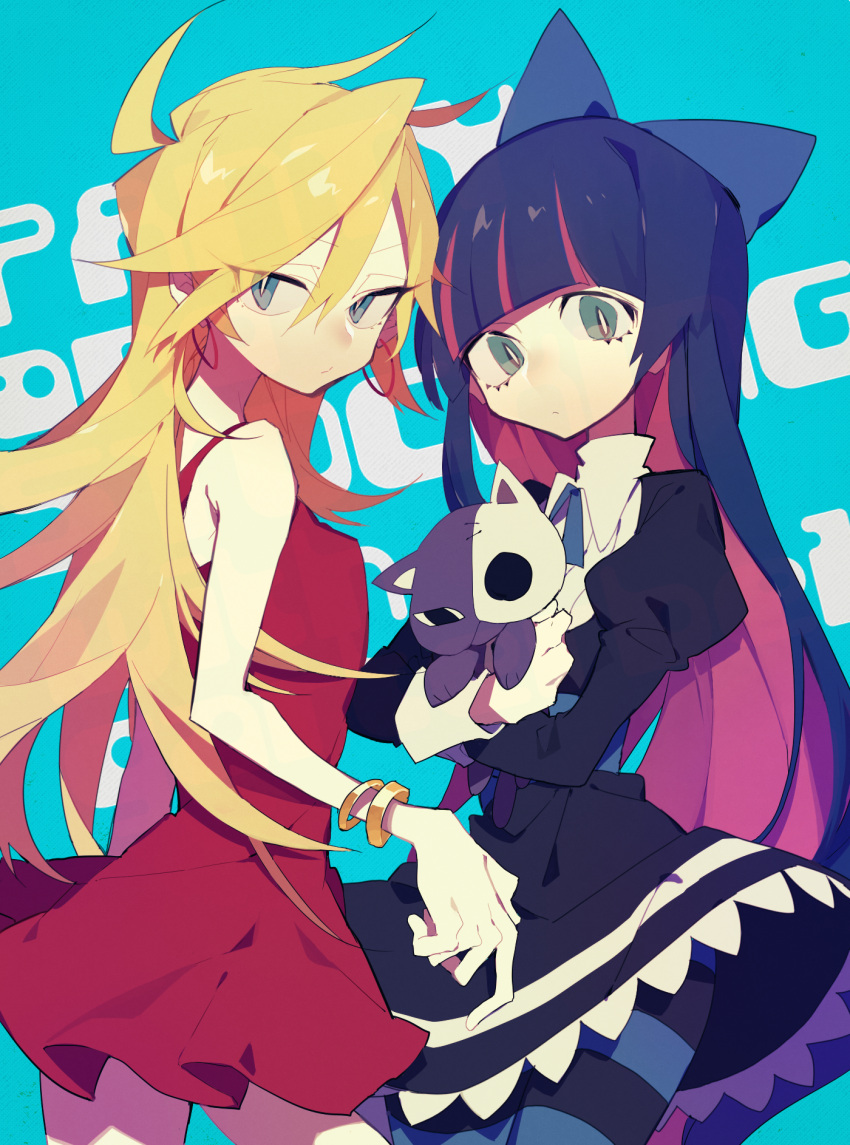 2girls bangs blonde_hair blue_background blue_eyes breasts dress earrings eyelashes hair_between_eyes hair_ribbon higa423 highlights highres jewelry long_hair looking_at_viewer multicolored_hair multiple_girls panty_&amp;_stocking_with_garterbelt panty_(psg) pink_hair purple_hair ribbon stitches stocking_(psg) striped striped_legwear stuffed_animal stuffed_cat stuffed_toy text title