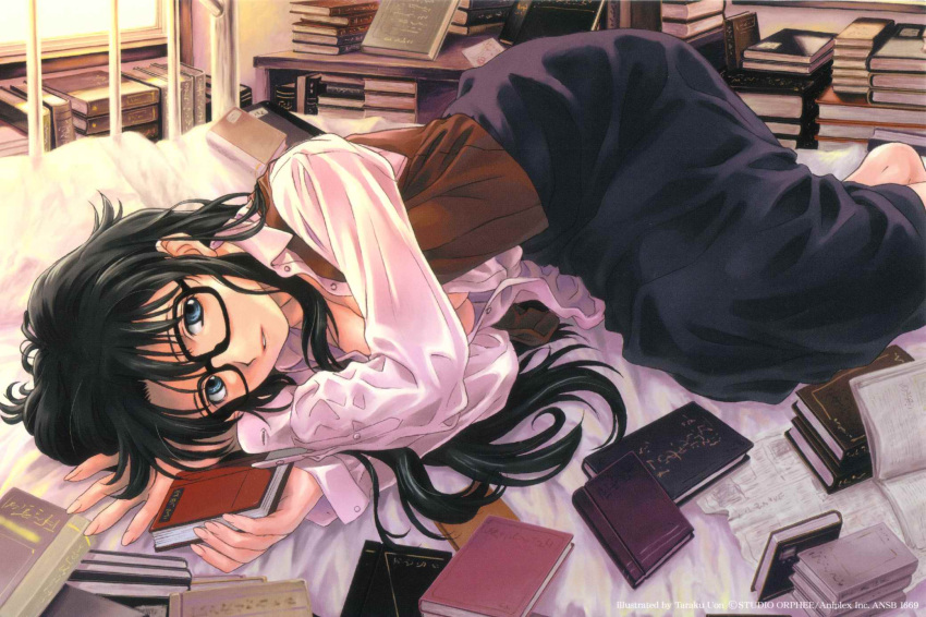00s 1girl barefoot bed black_hair blue_eyes book breasts cleavage glasses hands highres long_hair long_skirt lying messy_hair no_bra on_side open_clothes open_shirt read_or_die shirt skirt solo under_boob uon_taraku yomiko_readman