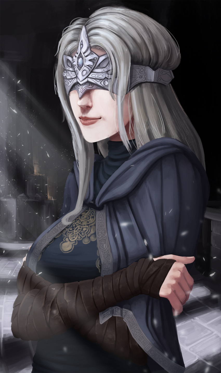 1girl blonde_hair cloak covered_eyes dark_souls_iii face_mask fire_keeper highres jewelry long_hair mask necklace self_hug smile snow snowing solo souls_(from_software)