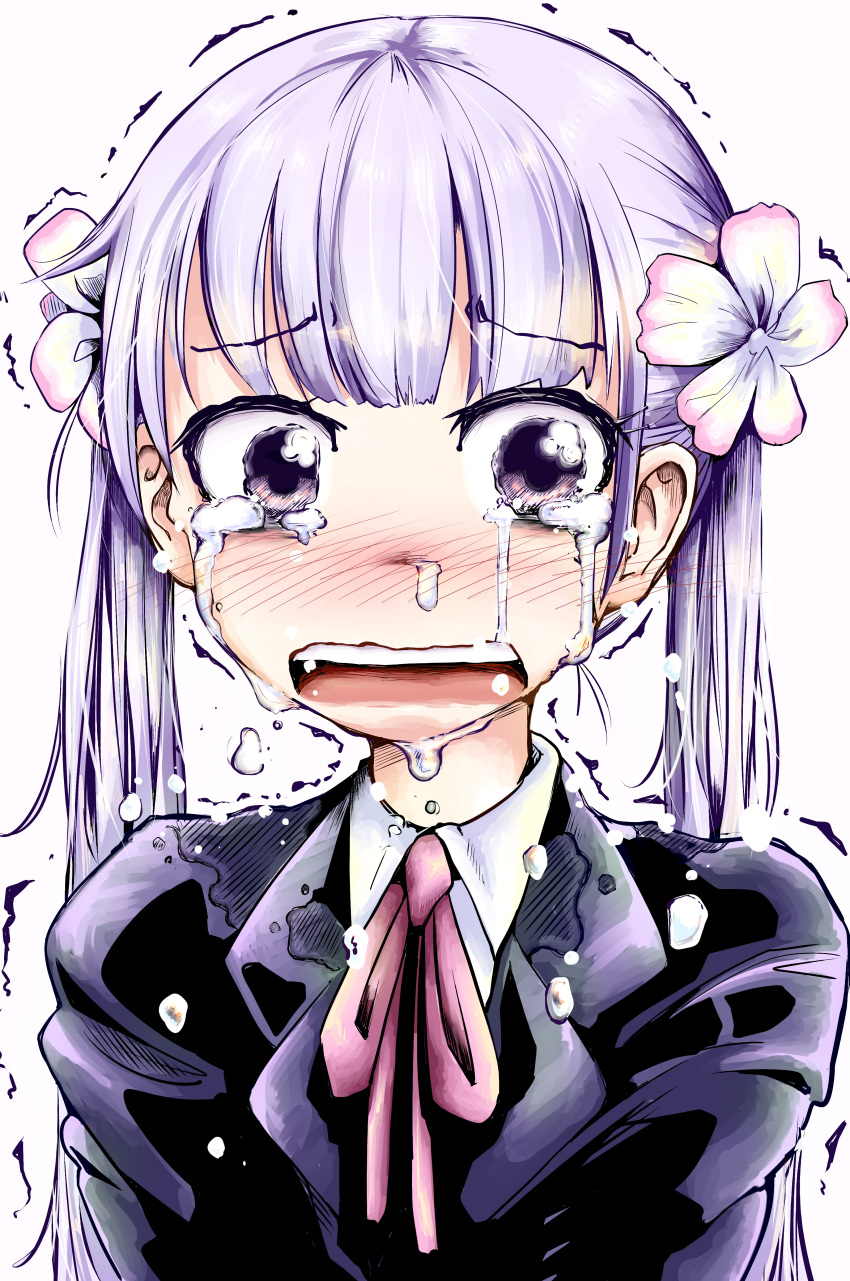 1girl absurdres blush crying crying_with_eyes_open flower hair_flower hair_ornament highres long_hair looking_at_viewer new_game! open_mouth purple_hair simple_background snot sobbing solo suzukaze_aoba tears teeth tmr trembling twintails violet_eyes white_background