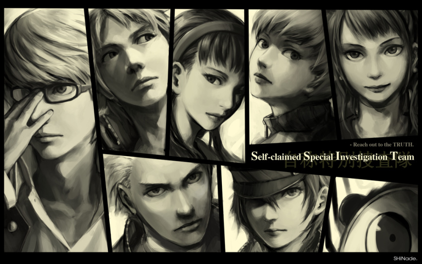 amagi_yukiko androgynous cabbie_hat english everyone glasses hairband hanamura_yousuke hat headband headphones headphones_around_neck jacket kujikawa_rise kuma_(persona_4) long_hair monochrome narukami_yuu persona persona_4 realistic reverse_trap satonaka_chie sepia seta_souji shirogane_naoto short_hair tatsumi_kanji track_jacket