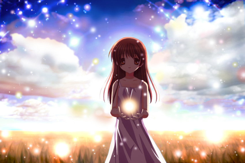 brown_hair chocolat clannad cloud clouds girl_from_the_illusionary_world grass long_hair sky sparkle