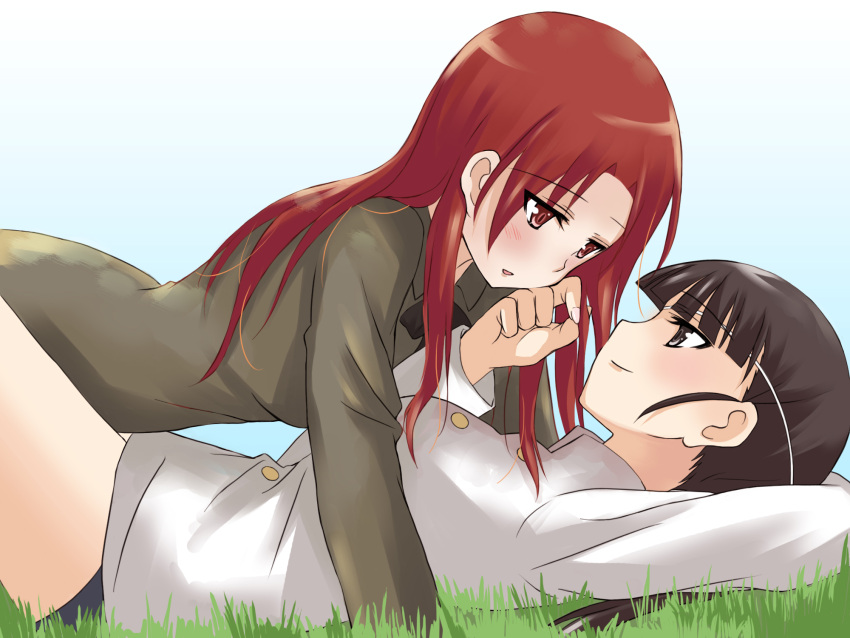 black_eyes black_hair blush girl_on_top grass highres kanata_(pixiv) kanata_(sentiment) long_hair lying minna-dietlinde_wilcke multiple_girls on_back red_eyes red_hair redhead sakamoto_mio strike_witches yuri