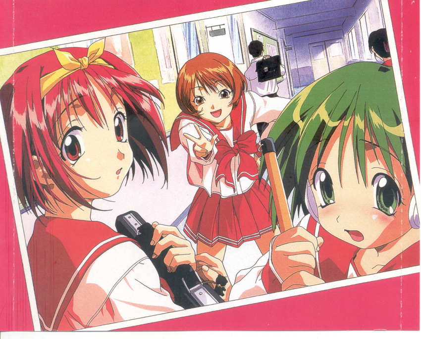 green_hair highres kamigishi_akari multi nagaoka_shiho pink_hair red_hair redhead ribbon robot_ears scan school_uniform to_heart