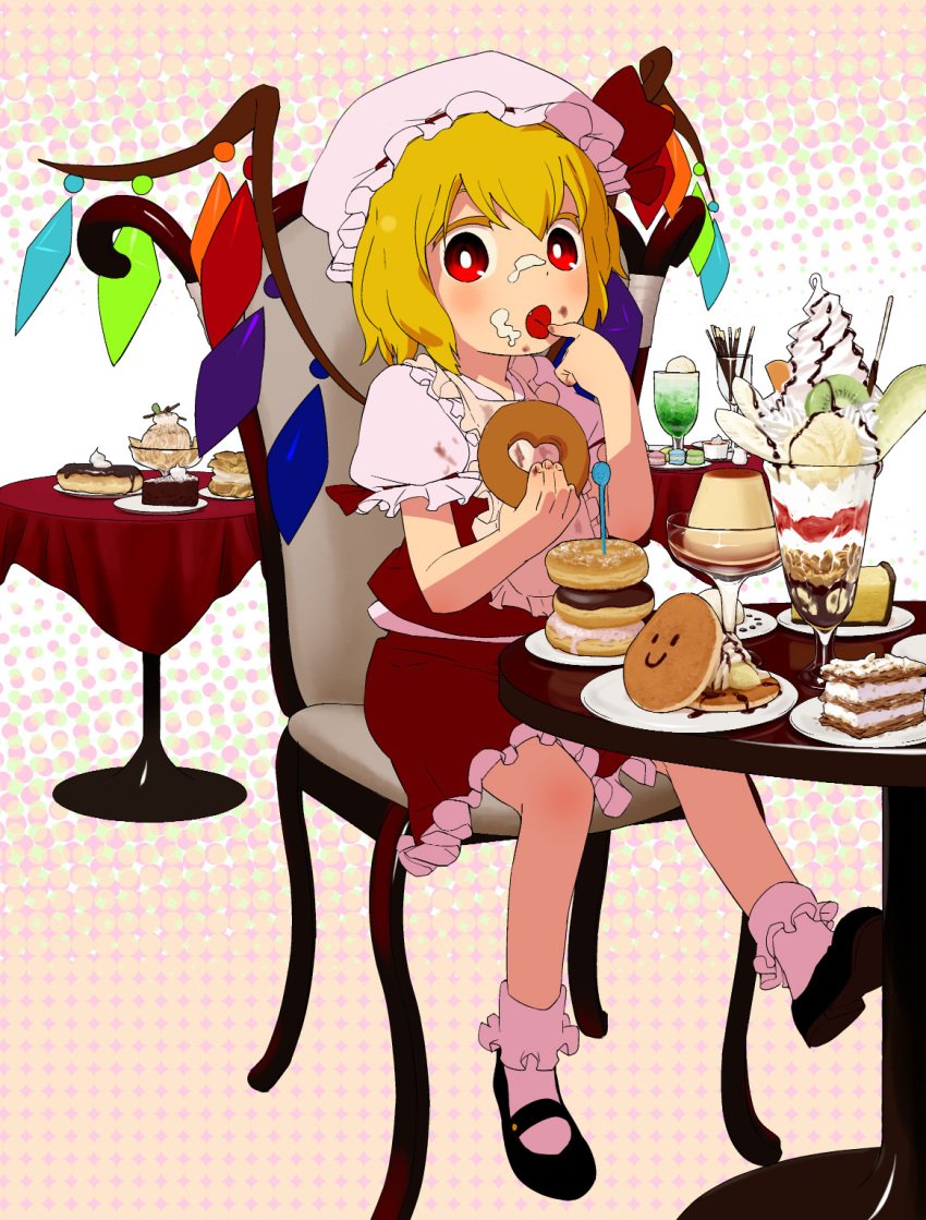 cake cream_puff doughnut eating flandre_scarlet food food_on_face frills highres ice_cream macaron mizu_asato pastry pocky pudding red_eyes ruffles sitting touhou wings