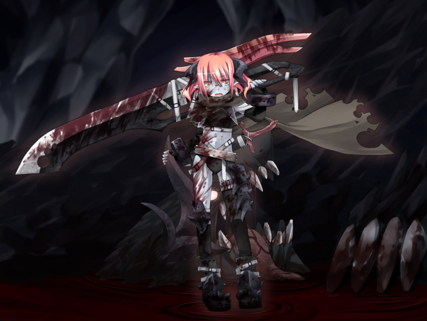 artist_request belt blood boots cape demon_girl fang flat_chest gloves grey_skin highres horns huge_sword huge_weapon open_mouth panties pink_hair pixiv_fantasia pointy_ears red_eyes short_hair sword thigh-highs thighhighs underwear wallpaper weapon yuuki_eishi