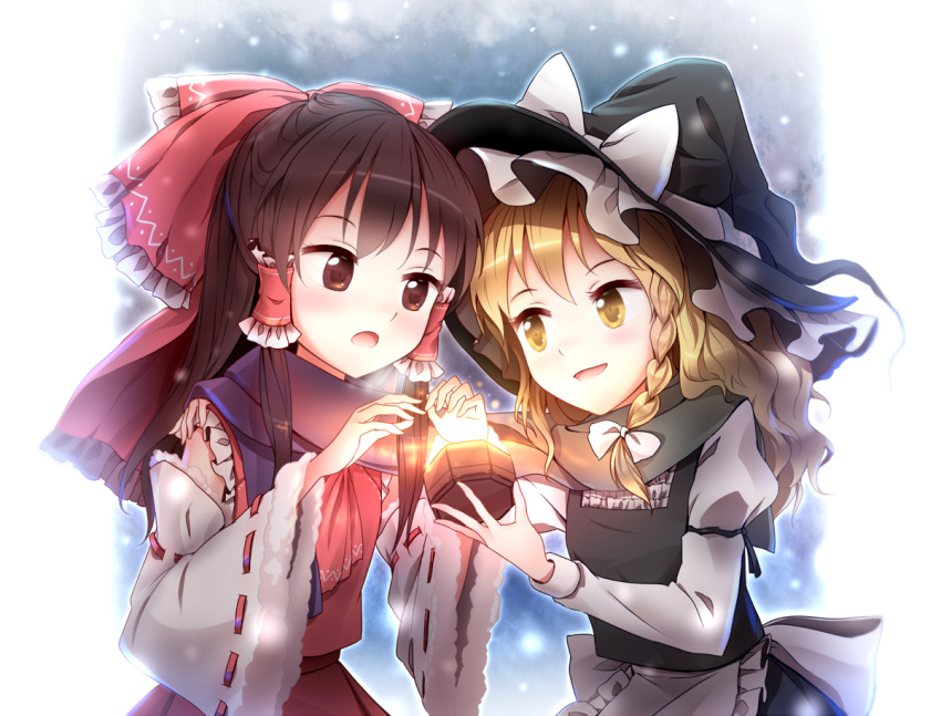 2girls :o apron bangs black_dress black_hair blonde_hair blush bow braid brown_eyes brown_hair detached_sleeves dress embellished_costume fur_trim hair_bow hair_tubes hakurei_reimu hat hat_bow japanese_clothes juliet_sleeves kirisame_marisa long_hair long_sleeves looking_at_another miko mini-hakkero minust multiple_girls open_mouth parted_bangs puffy_sleeves red_bow red_skirt red_vest ribbon-trimmed_sleeves ribbon_trim scarf shared_scarf side_braid single_braid skirt skirt_set smile snow snowing touhou upper_body vest waist_apron white_bow wide_sleeves winter witch_hat yellow_eyes