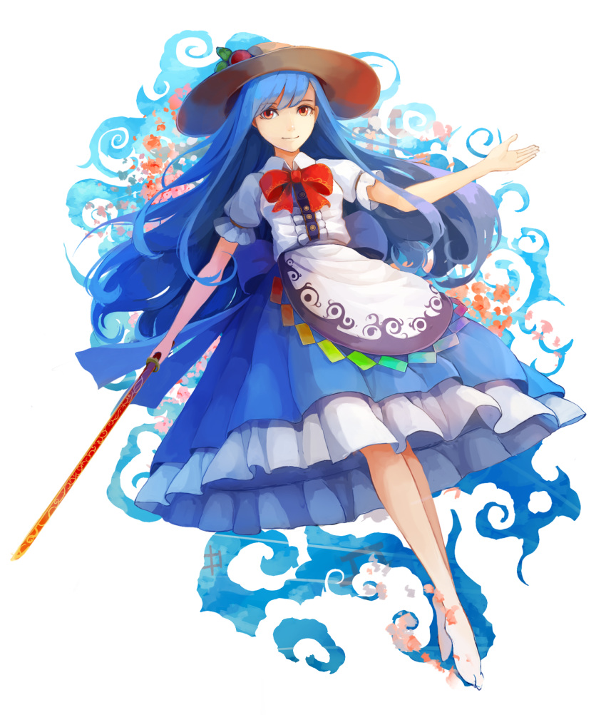1girl apron barefoot blue_bow blue_hair blue_skirt bow buttons cherry_blossoms dress_shirt food frilled_skirt frills fruit hat highres hinanawi_tenshi holding holding_sword holding_weapon layered_skirt long_hair looking_at_viewer no_shoes peach petals puffy_short_sleeves puffy_sleeves red_bow red_eyes shirt short_sleeves skirt smile solo sword sword_of_hisou touhou waist_apron weapon white_shirt yuren