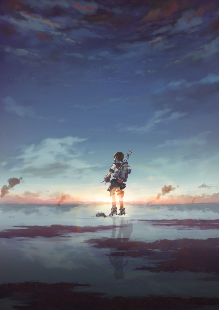 1girl absurdres blue_sky boots brown_hair clouds damaged from_behind fubuki_(kantai_collection) highres holding horizon kantai_collection long_hair low_ponytail machinery mitsuki_(yu_hsiang_yi) ocean pleated_skirt scenery school_uniform serafuku shadow short_sleeves sidelocks skirt sky socks solo standing standing_on_liquid sunrise turret water wind