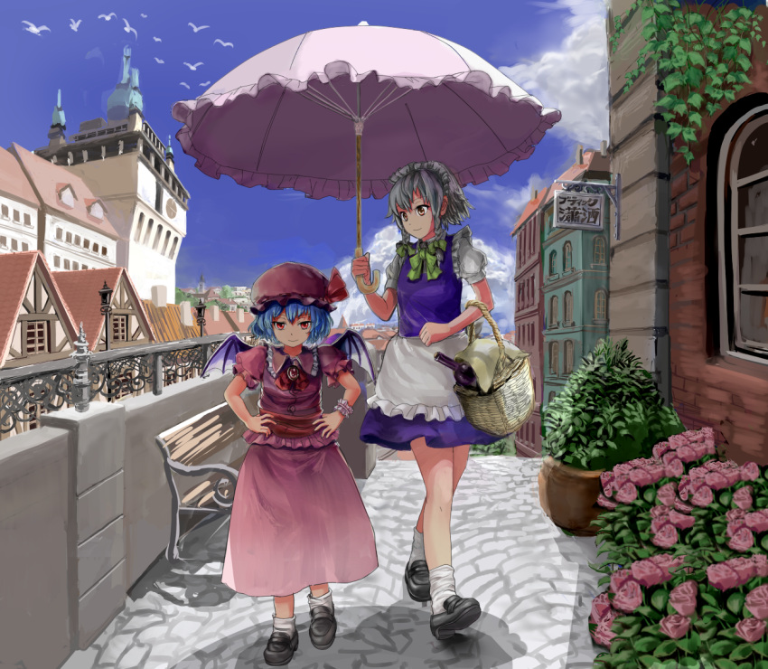 2girls apron ascot basket bat_wings bench bird blue_hair blue_sky bobby_socks bottle braid brooch city cobblestone day flower full_body hands_on_hips hat hat_ribbon izayoi_sakuya jewelry loafers looking_at_another looking_at_viewer looking_down maid_headdress mob_cap multiple_girls outdoors parasol pink_rose plant potted_plant puffy_short_sleeves puffy_sleeves railing remilia_scarlet ribbon rose sash shadow shoes short_hair short_sleeves sign silver_hair skirt skirt_set sky smile socks tandori_tsubasa touhou twin_braids umbrella waist_apron walking wine_bottle wings wrist_cuffs yellow_eyes