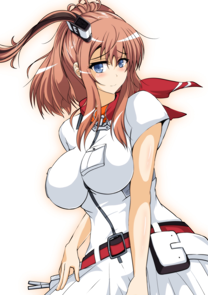 1girl absurdres belt blue_eyes blush breast_pocket breasts brown_hair dress hair_between_eyes highres kantai_collection large_breasts ponytail red_neckerchief sangyou_haikibutsu_a saratoga_(kantai_collection) short_hair side_ponytail smile solo white_dress