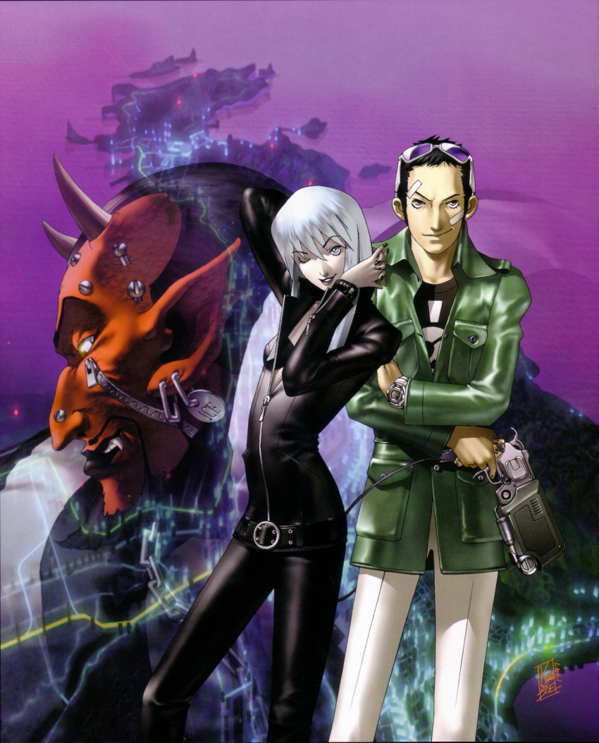 1girl 2boys artist_name azazel_(megami_tensei) beard black_hair bodysuit demon earrings facial_hair glasses_on_head highres horns jacket jewelry kazuma_kaneko landscape lipstick makeup multiple_boys nemissa pale_skin pointy_ears red_skin screw shin_megami_tensei soul_hackers watch watch white_hair zipper