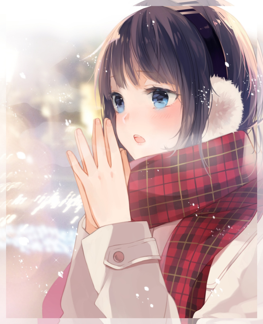 1girl bangs blue_eyes blush breath brown_hair checkered_scarf close-up coat earmuffs enpera eyebrows eyebrows_visible_through_hair highres open_mouth original own_hands_together recotasan red_scarf scarf snow solo teeth upper_body zoom_layer