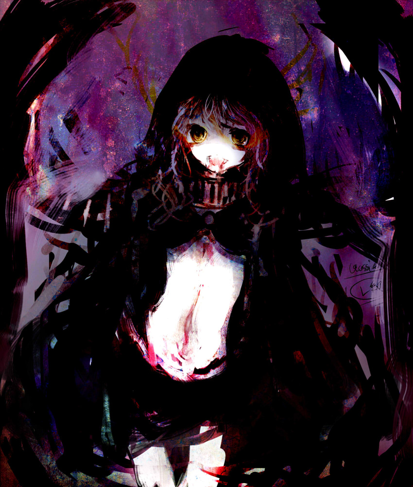 1girl abstract_background assi bloody_mouth character_name faux_traditional_media highres hood hooded_jacket jacket kantai_collection looking_at_viewer messy_hair navel o-ring_top pale_skin purple_background re-class_battleship shinkaisei-kan shorts signature smeared_blood solo teeth texture turret white_hair yellow_eyes
