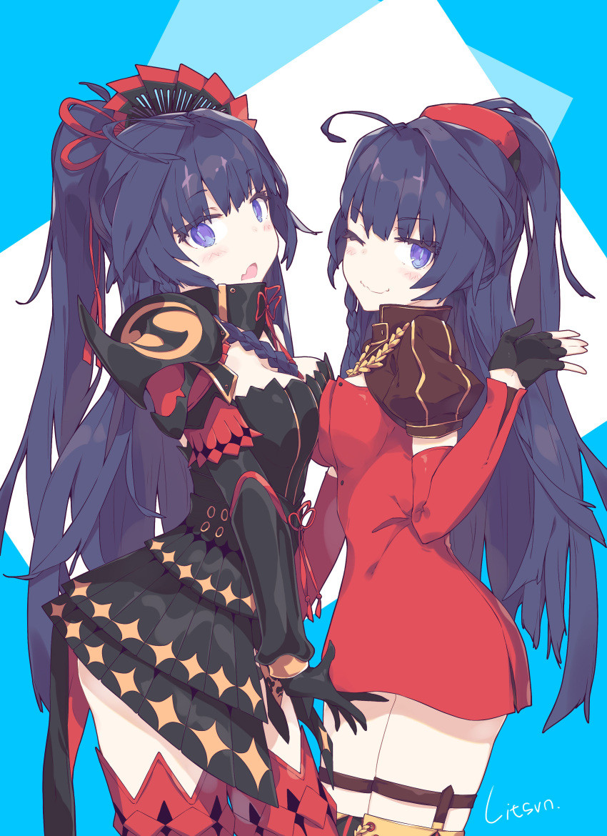 2girls absurdres ahoge armor artist_name asymmetrical_docking bangs benghuai_xueyuan blue_background blue_eyes blue_hair blush braid breast_press character_request collar cowboy_shot cropped_jacket dress eyebrows eyebrows_visible_through_hair fingerless_gloves gloves hair_ribbon highres litsvn long_hair looking_at_viewer multiple_girls one_eye_closed open_mouth ponytail puffy_short_sleeves puffy_sleeves raiden_mei red_dress red_legwear red_ribbon ribbon short_sleeves single_braid smile thigh-highs thigh_strap thighs wavy_mouth white_background