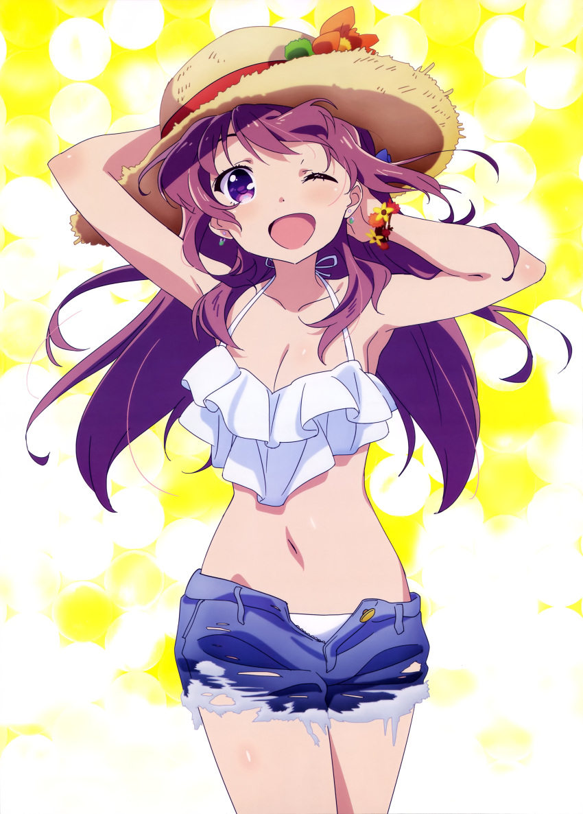 1girl absurdres arms_behind_head arms_up bare_shoulders bikini breasts cleavage frilled_bikini frills girlish_number hat highres karasuma_chitose_(girlish_number) long_hair looking_at_viewer midriff navel nyantype official_art one_eye_closed open_mouth purple_hair shorts smile solo straw_hat swimsuit violet_eyes white_swimsuit