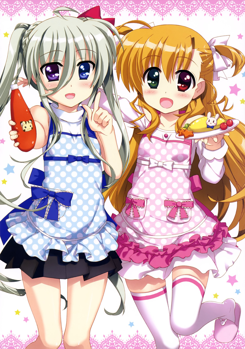2girls absurdres apron asteion blonde_hair blue_bow blue_eyes bow bowtie breasts collarbone einhart_stratos eyebrows eyebrows_visible_through_hair fujima_takuya green_eyes grey_hair hair_bow hair_ribbon heterochromia highres index_finger_raised long_hair looking_at_viewer lyrical_nanoha mahou_shoujo_lyrical_nanoha mahou_shoujo_lyrical_nanoha_vivid multiple_girls one_leg_raised open_mouth outstretched_arm rabbit red_bow red_eyes ribbon sacred_heart skirt small_breasts thigh-highs twintails two_side_up very_long_hair violet_eyes vivio white_legwear white_ribbon white_skirt zettai_ryouiki