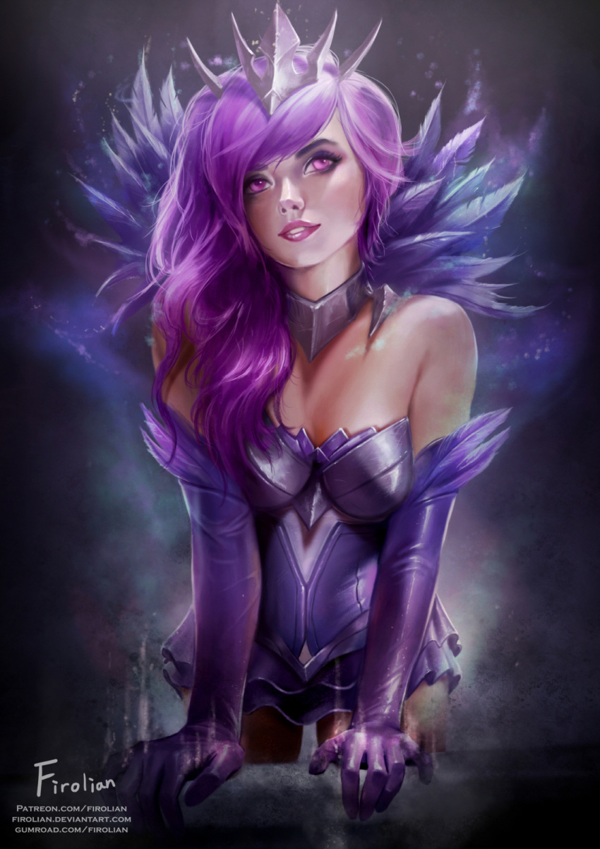 1girl bare_shoulders breasts choker crown dress elbow_gloves elementalist_lux feathers firolian gloves highres league_of_legends leaning_forward lipstick long_hair luxanna_crownguard makeup medium_breasts purple_gloves purple_hair purple_lipstick short_dress side_ponytail signature solo strapless strapless_dress violet_eyes watermark web_address
