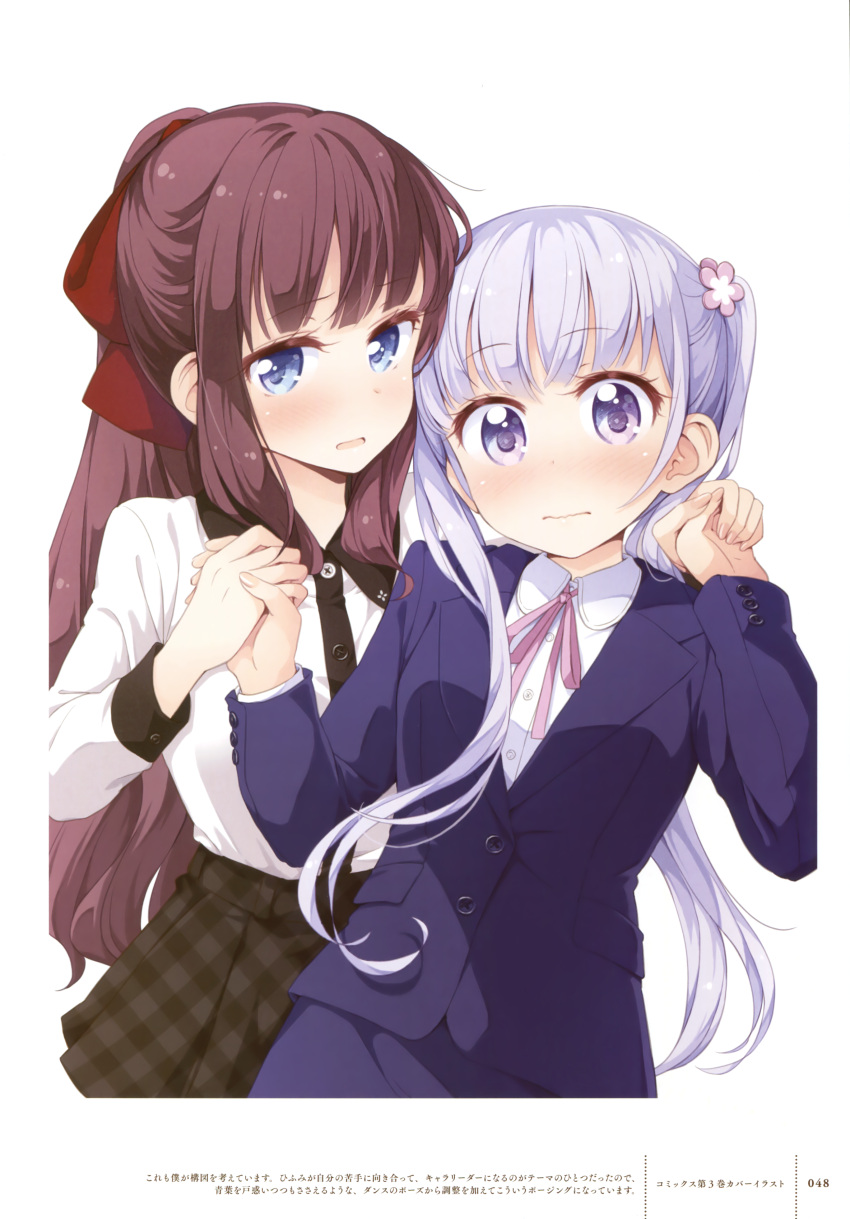 2girls absurdres blue_eyes bow breasts brown_hair eyebrows eyebrows_visible_through_hair formal hair_bow hand_holding highres long_hair looking_at_viewer multiple_girls neck_ribbon new_game! pink_ribbon ponytail purple_hair red_bow ribbon shirt simple_background skirt suit suzukaze_aoba takimoto_hifumi tokunou_shoutarou very_long_hair white_background white_shirt