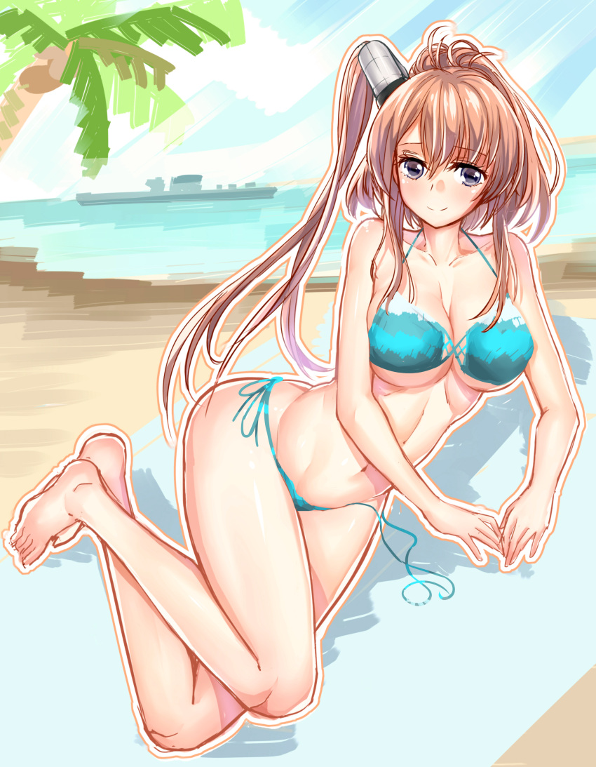 1girl absurdres artist_request bikini blue_bikini breasts brown_hair highres kantai_collection large_breasts looking_at_viewer lying md5_mismatch ocean onceskylark saratoga_(kantai_collection) side-tie_bikini side_ponytail source_request string_bikini swimsuit untied untied_bikini wardrobe_malfunction