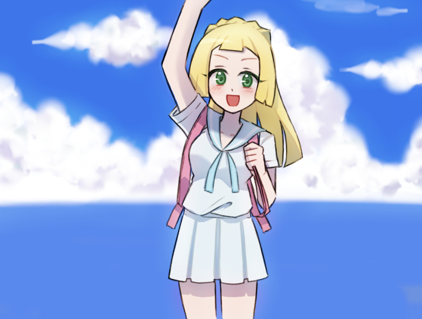 1girl :d arm_up backpack bag bangs blonde_hair blue_sky blunt_bangs blush braid breasts clouds collarbone day french_braid green_eyes high_ponytail lillie_(pokemon) long_hair looking_at_viewer medium_breasts miniskirt ocean open_mouth pleated_skirt pokemon pokemon_(game) pokemon_sm shirt short_sleeves skirt sky smile solo twaly water waving white_shirt white_skirt