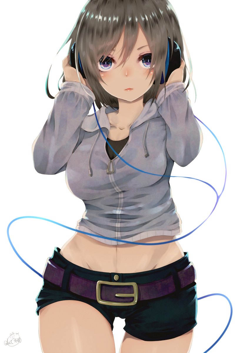 1girl artist_name bangs belt black_shirt blue_eyes blush breasts brown_hair cable chita_(ketchup) collarbone cowboy_shot hair_between_eyes hands_on_headphones hands_up headphones highres hips hood hoodie large_breasts looking_at_viewer midriff navel original parted_lips shiny shiny_hair shirt short_shorts shorts signature simple_background solo swept_bangs thigh_gap thighs white_background