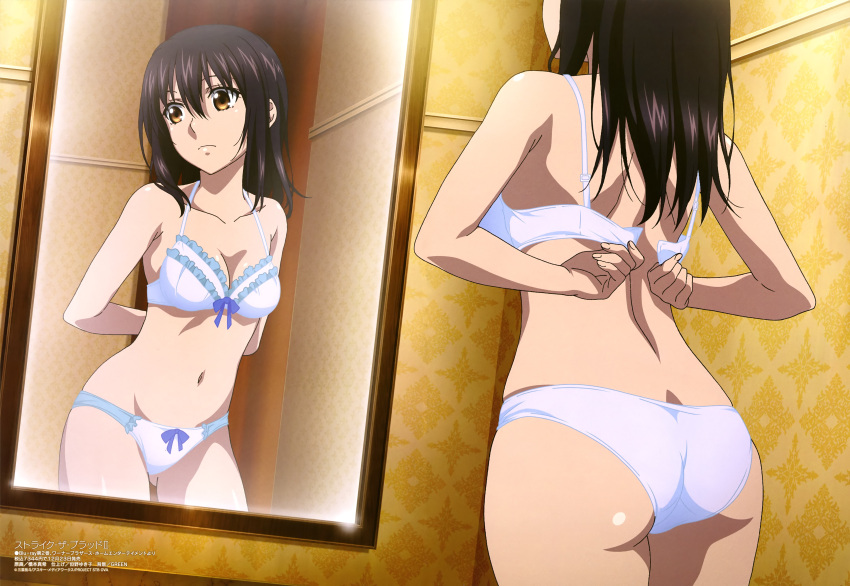 1girl absurdres artist_request ass black_hair bra breasts brown_eyes cleavage cowboy_shot dutch_angle from_behind highres himeragi_yukina inside medium_breasts megami mirror navel official_art panties reflection shiny shiny_hair solo standing strike_the_blood underwear underwear_only undressing white_bra white_panties