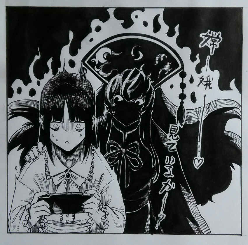 2girls aura chinese_clothes commentary_request gloom_(expression) greyscale handheld_game_console highres hime_cut houraisan_kaguya junko_(touhou) long_hair monochrome multiple_girls nib_pen_(medium) playstation_portable polos_crown sendai_(nazonomono) shaded_face sweat touhou traditional_media translation_request triangle_mouth