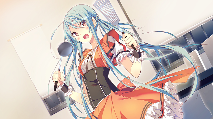 1girl aka-san_to_kyuuketsuki blue_hair blush brown_eyes dress dutch_angle game_cg hair_ornament hairclip kitchen kobayashi_kamui kuwashima_rein long_hair open_mouth solo twintails very_long_hair