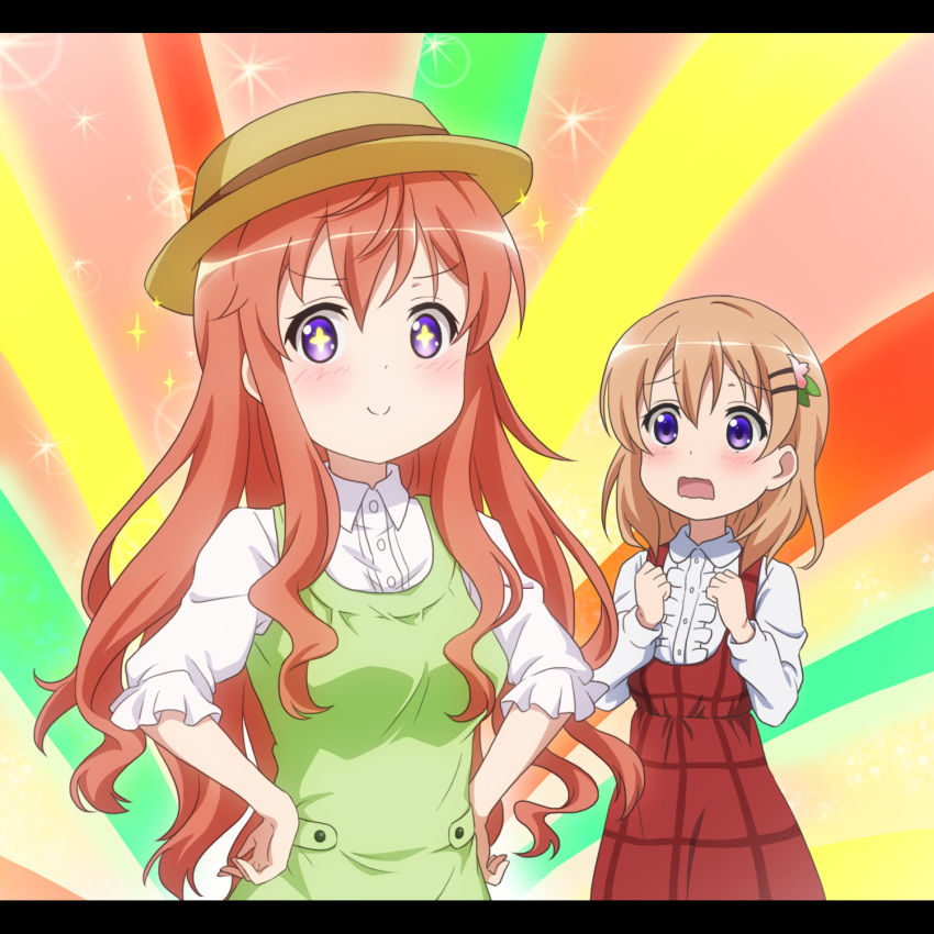 &gt;:) 2girls blush brown_hair buttons collared_shirt dress dress_shirt gochuumon_wa_usagi_desu_ka? green_dress hair_ornament hairclip highres hoto_cocoa hoto_mocha letterboxed long_hair long_sleeves multicolored_background multiple_girls open_mouth orange_hair red_star_(toranecomet) shirt short_hair short_sleeves sparkle symbol-shaped_pupils underbust violet_eyes white_shirt